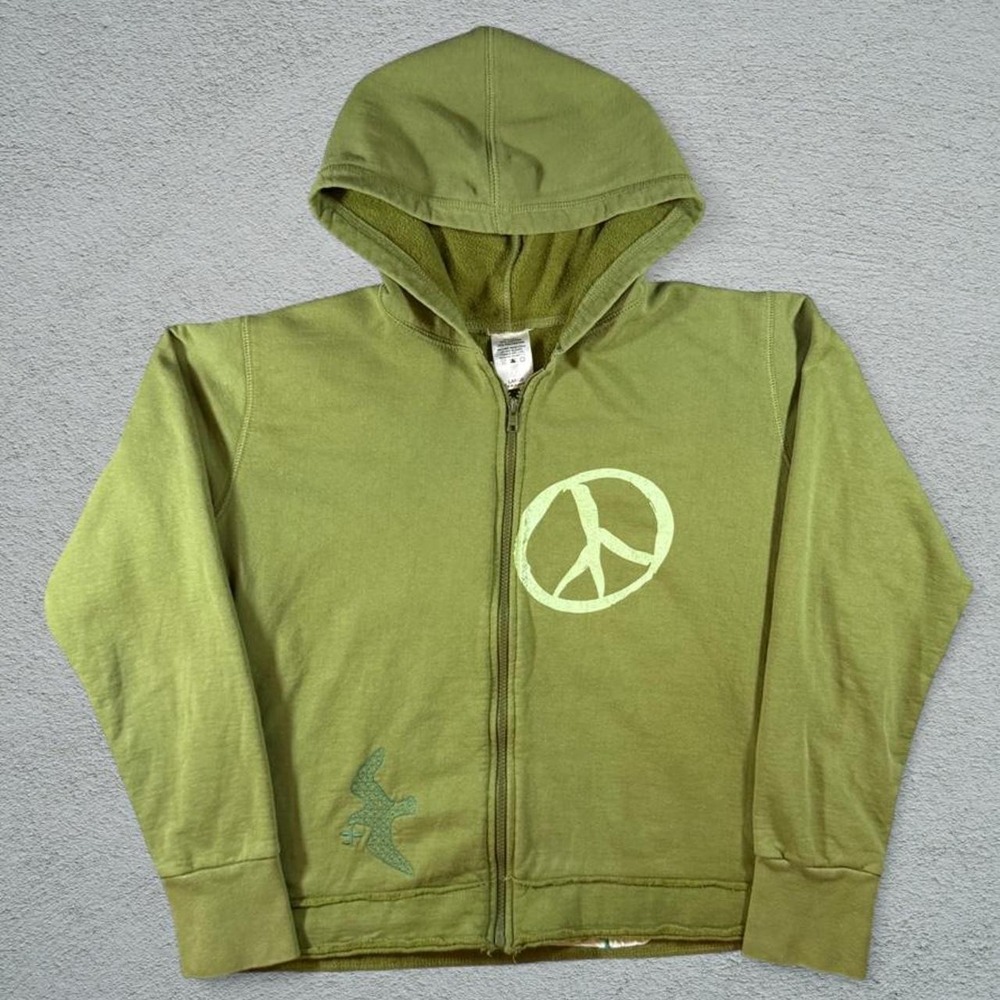 Green Peace Symbol Zip Up Hoodie Skater Graphic Sweatshirt Large